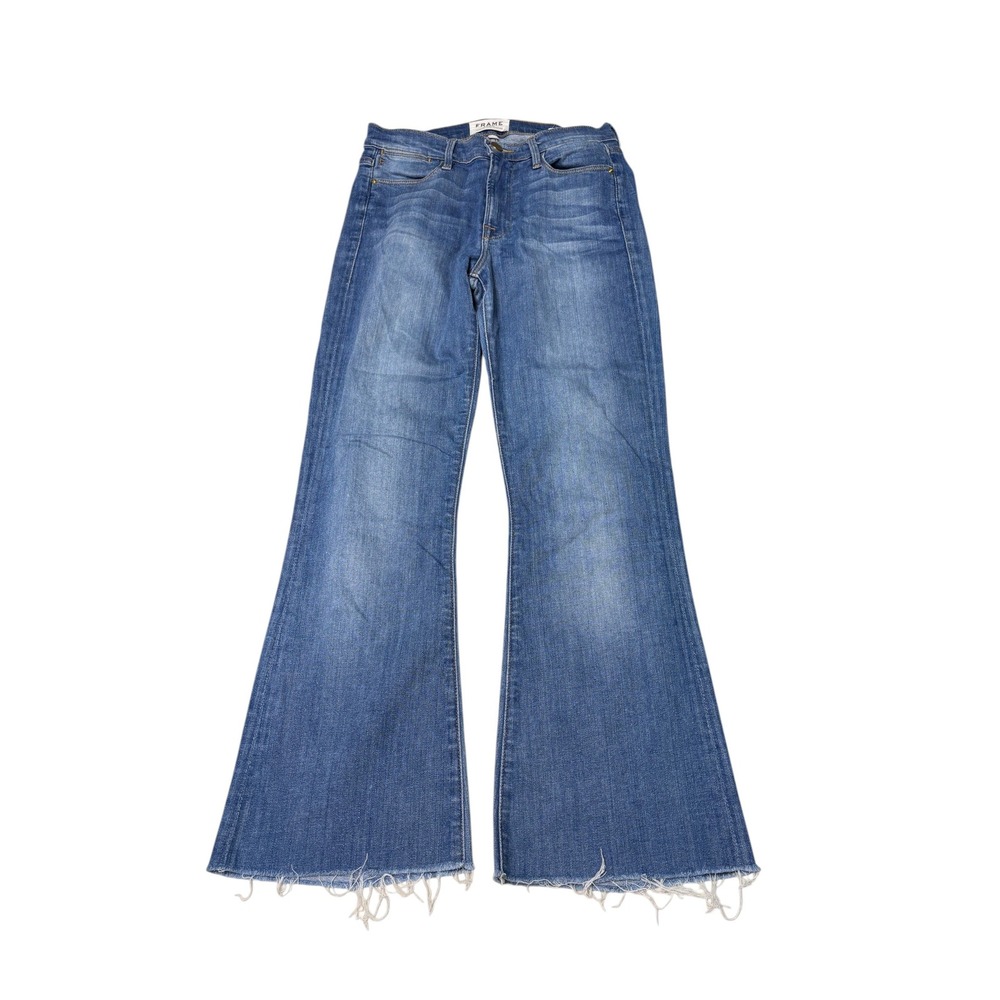 Frame Denim Le High Flare Linden Jeans Womens Size 27X27 Blue High Rise Raw Hem